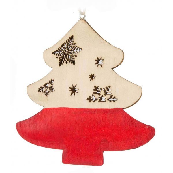 Χριστουγεννιάτικο Κρεμαστό Ξύλινο Δεντράκι Κόκκινο - Μπεζ, 3D με Χιονονιφάδα και Σχέδια (10cm)